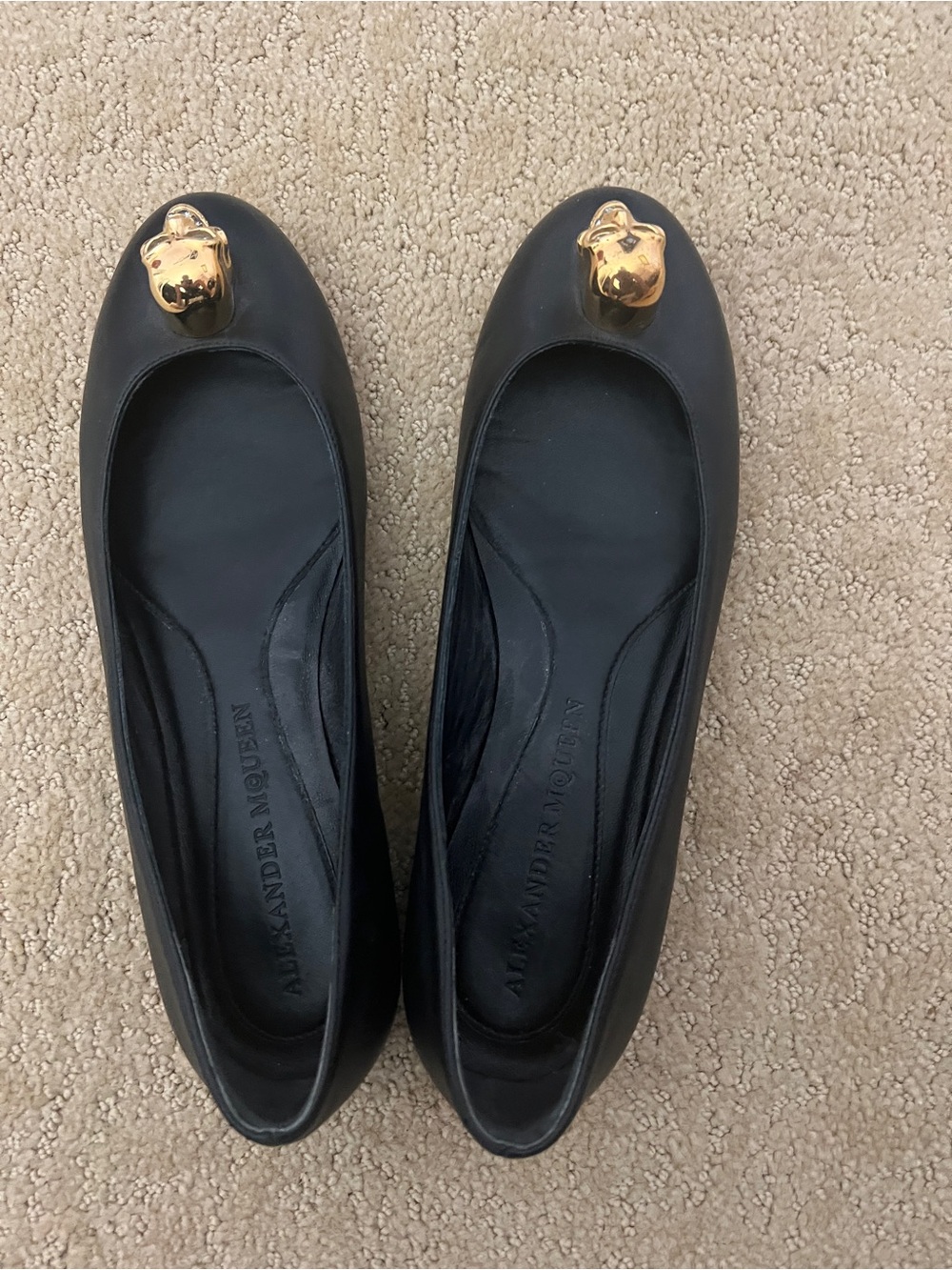 Alexander McQueen Black Leather Ballet Flats with signature design